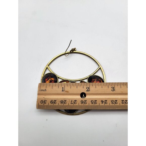 VTG Leopard Amber Honey Gold Tone Huge Hoop Dangle Earrings Costume Runway - Picture 6 of 9